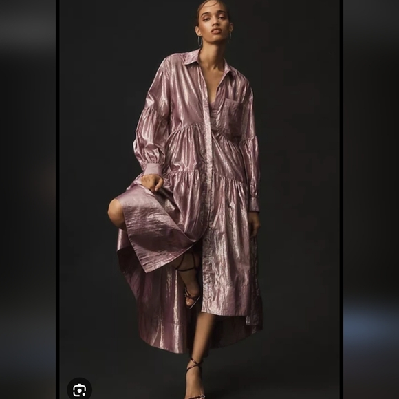 Anthropologie- Pilcro Shimmery Lilac Button-Front Tiered Dress - Picture 14 of 16